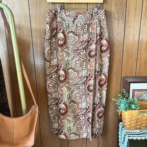 Peck & Peck Collection Silk Skirt Women Size 8 Beige Brown Red Paisley‎ Print